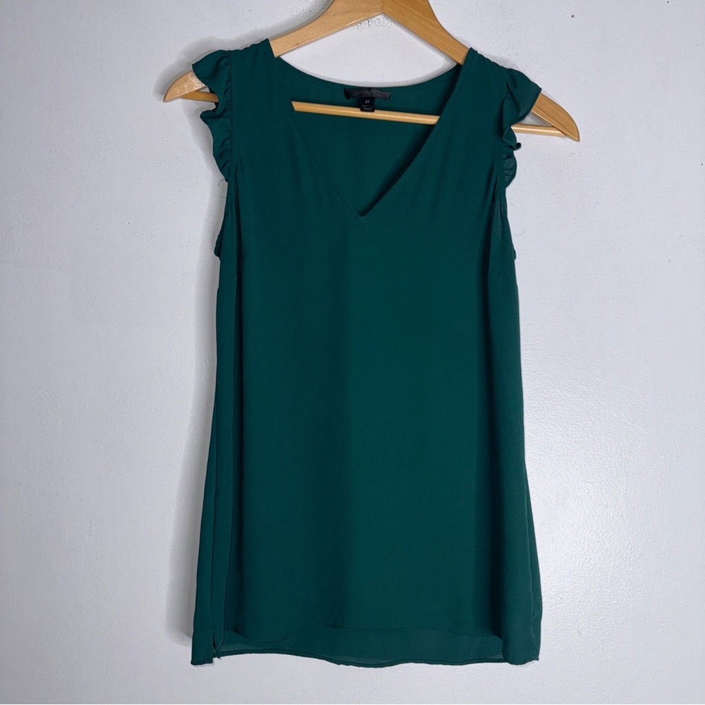 J Crew 2 Tall Emerald Green Ruffle Sleeveless V Neck‎ Blouse CP